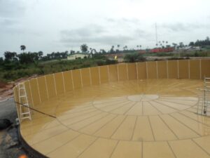 Inside of a bolted tank during erection.